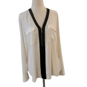 Express Portofino Blouse Medium White Black Trim Zip Front Long Sleeve Top